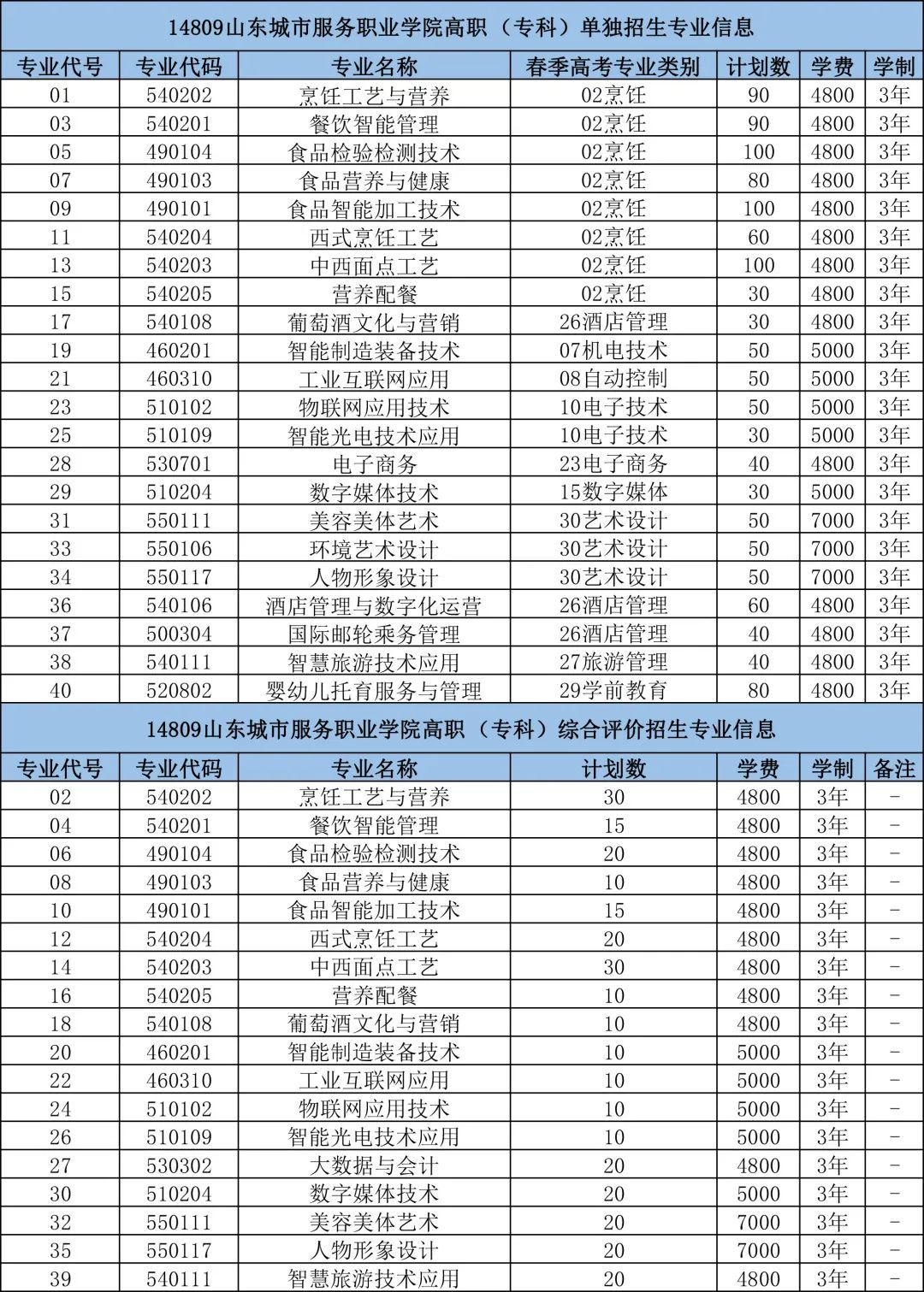 山东城市服务职业学院2024年单独招生综合评价招生计划